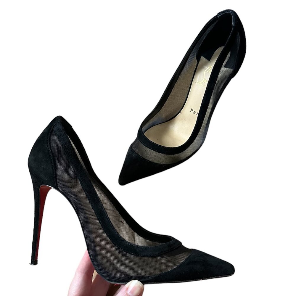 Christian Louboutin Galativi 85 Black Suede & Mesh Pumps Pointed Toe 37.5